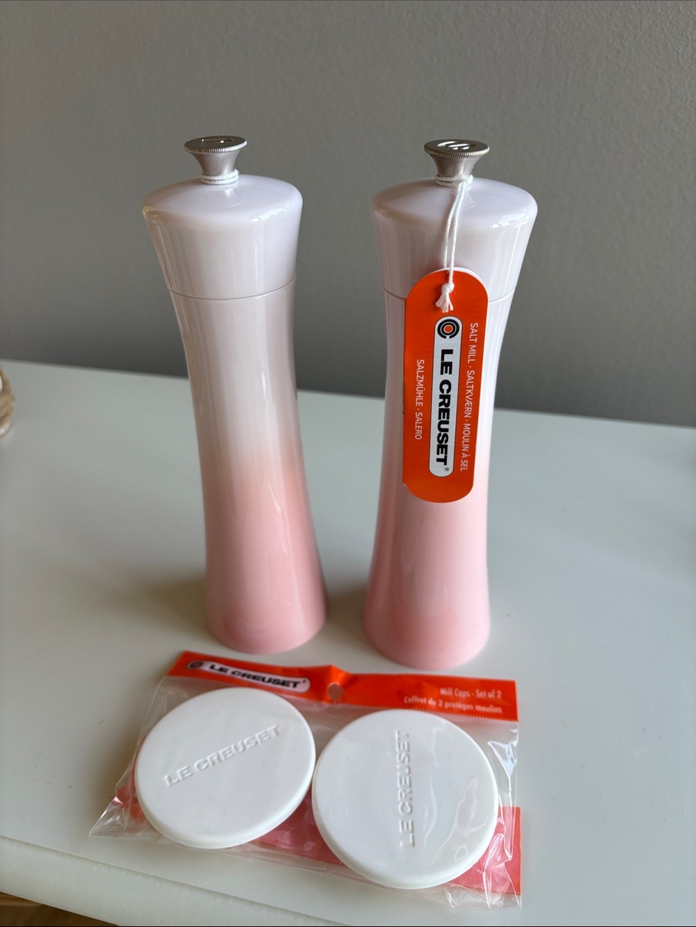 Le Creuset Pink Gradient Salt and Pepper Mill Set with White Caps